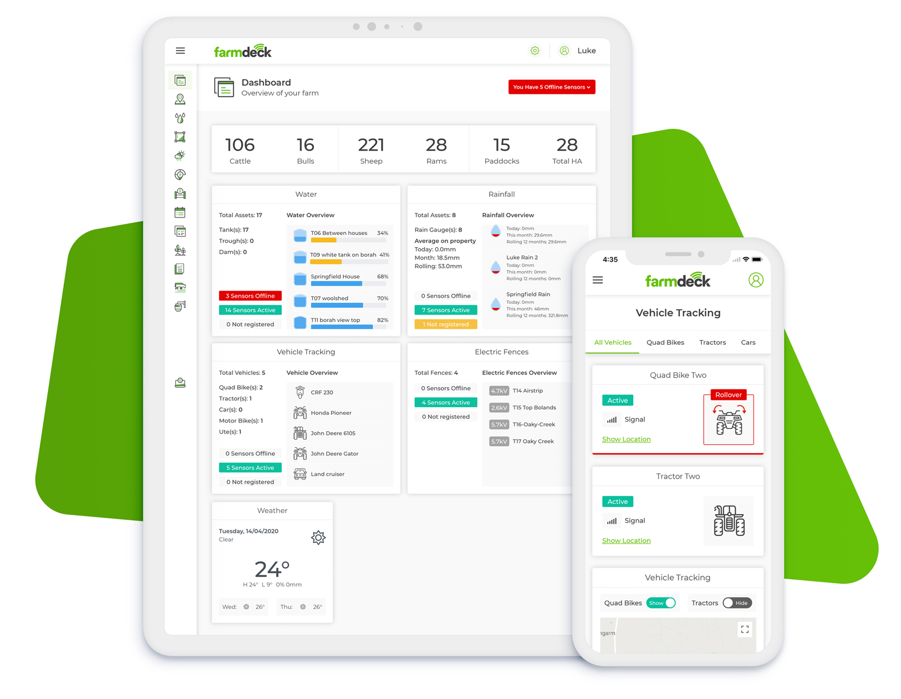 Dashboard of the Farmdeck app that shows the vehicle tracking feature in a phone and the dashboard for all features in a laptop;