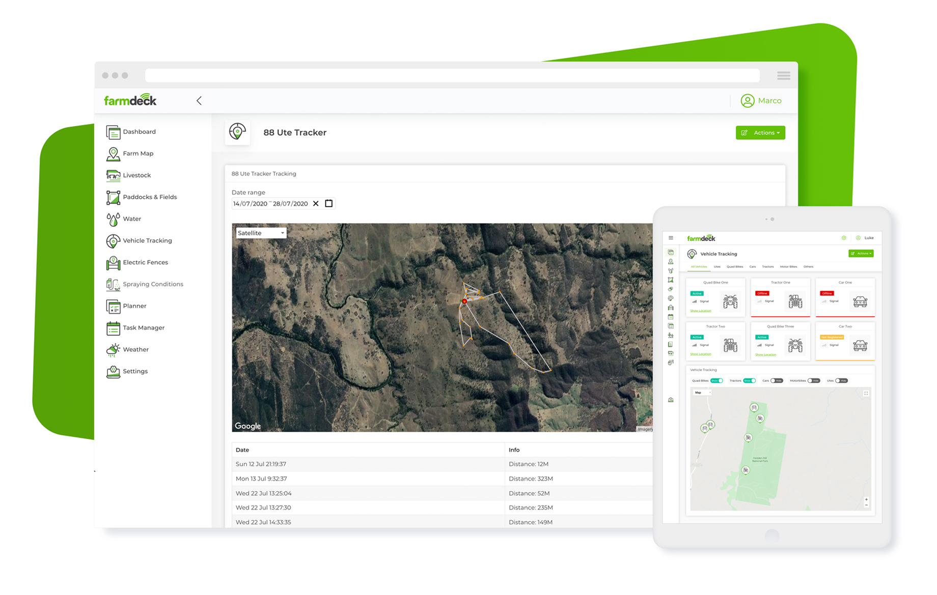 Farmdeck dashboard in a laptop and a tablet that shows how the vehicle tracking feature works in the app.;